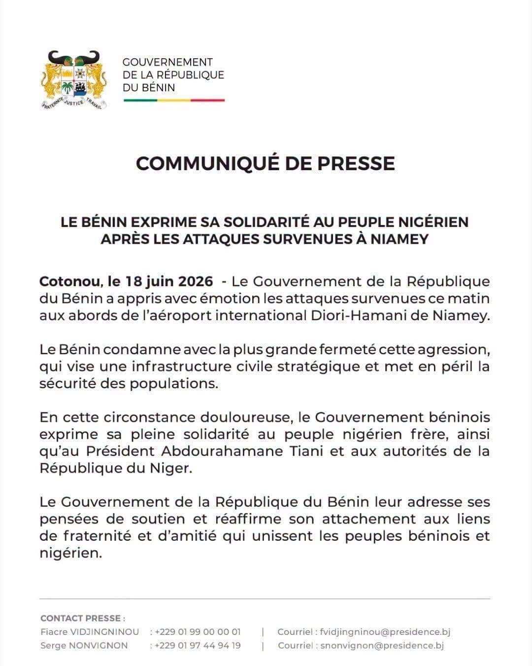 Communiqué officiel du Bénin exprimant sa solidarité avec le Niger