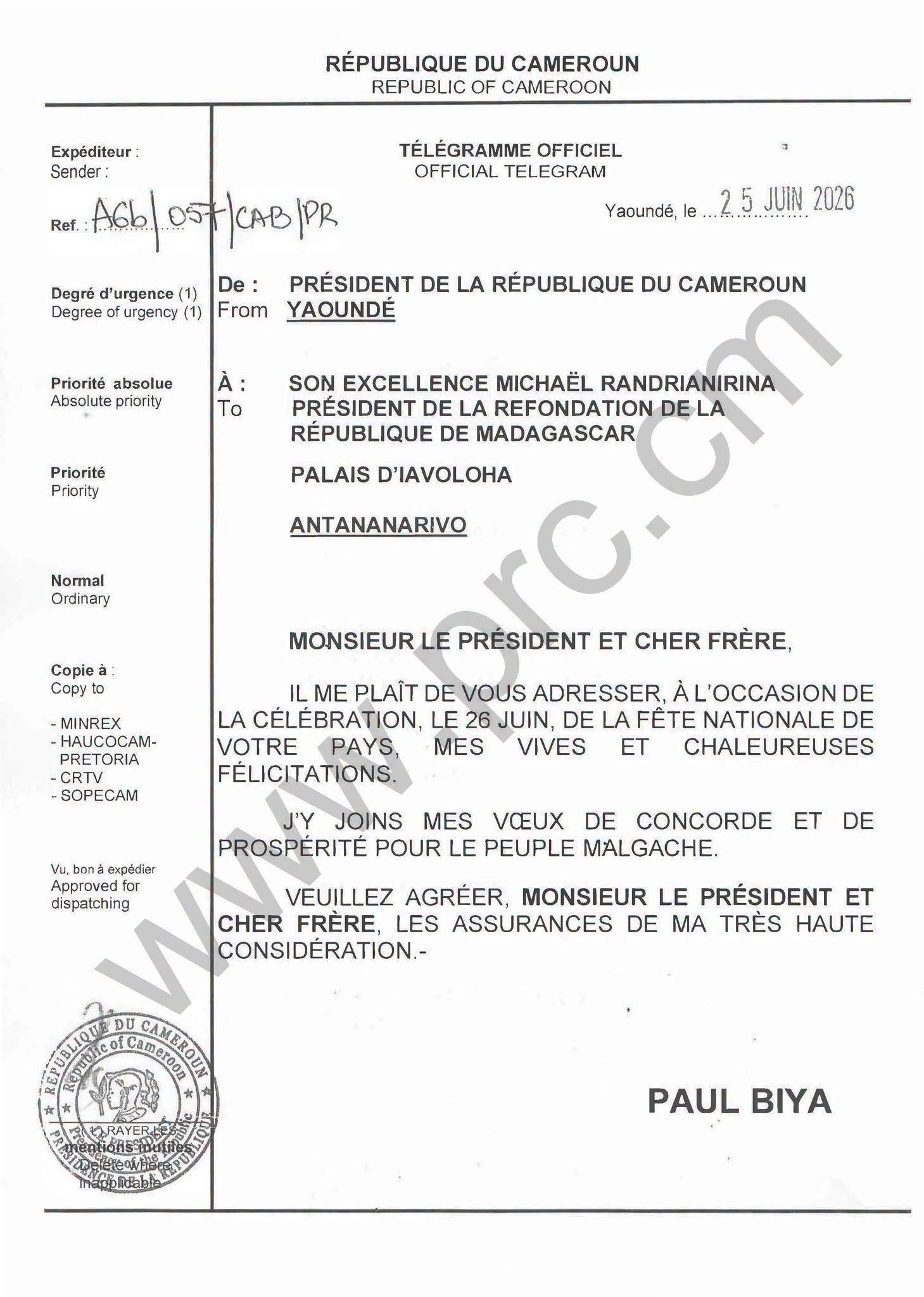 Message de félicitations du Président Paul Biya