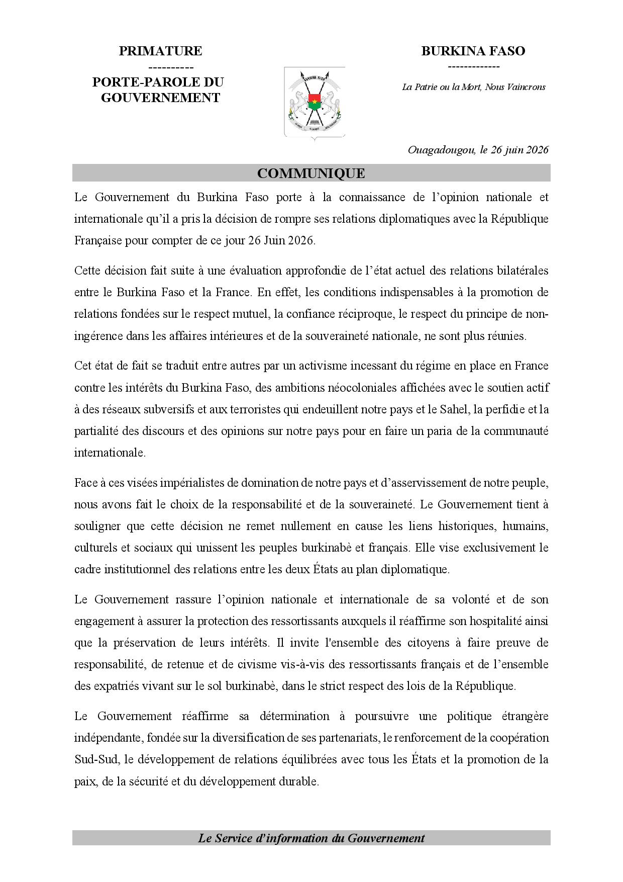 Communiqué officiel de rupture diplomatique entre le Burkina Faso et la France
