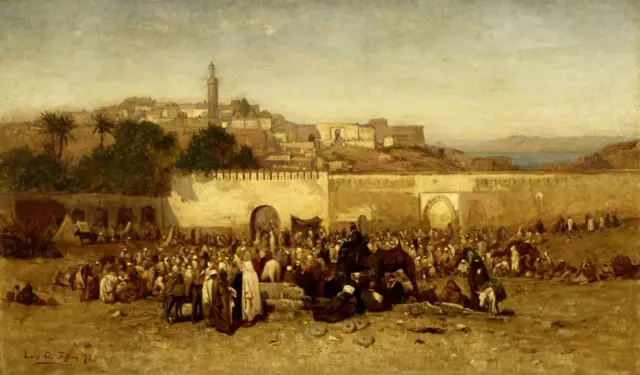 Vue du marché de Tanger au XIXe siècle, illustrant les échanges commerciaux entre le Maroc et l'Europe.